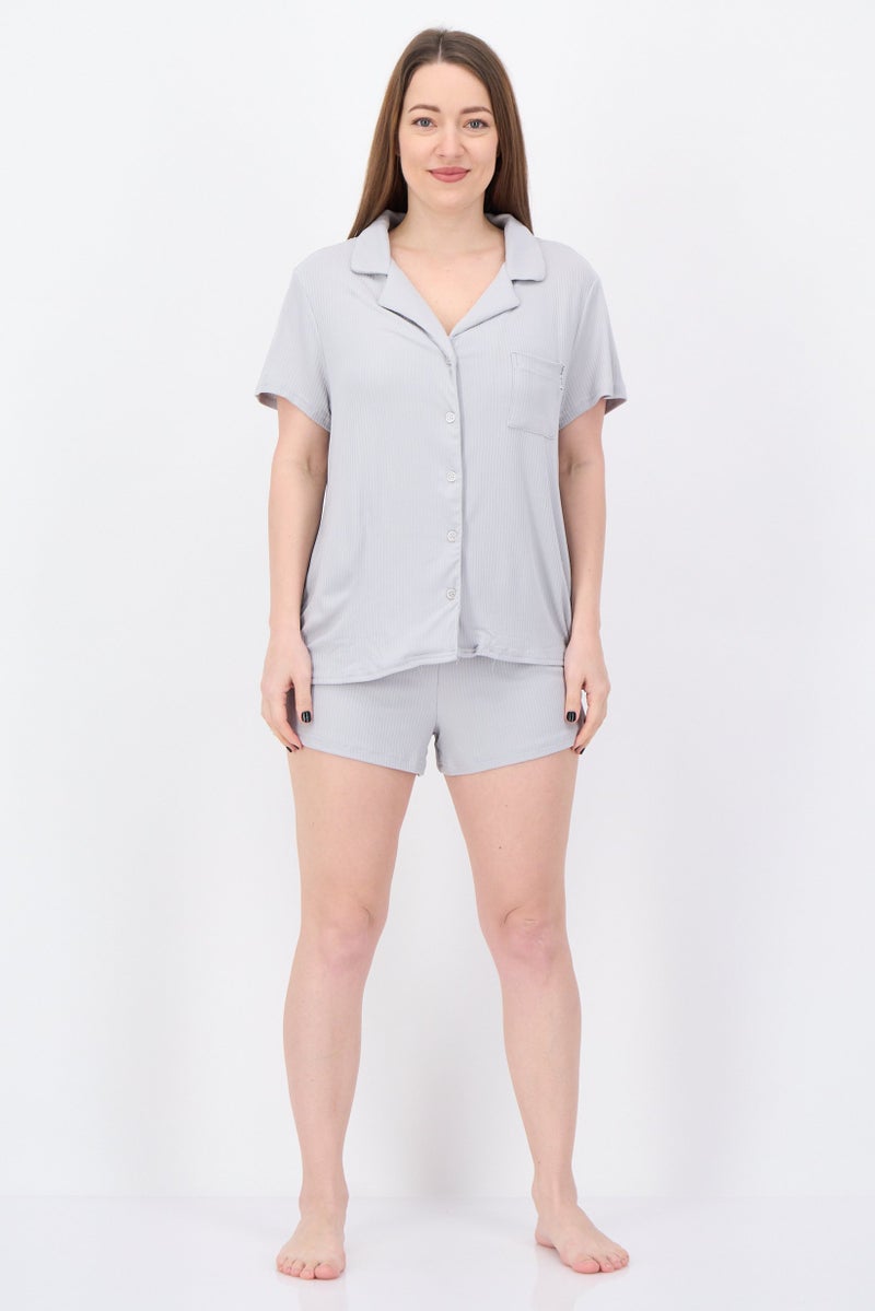 NINE WEST Women 2 Pieces Ribbed Shirt And Shorts Pajama Set, Grey - Image 4
